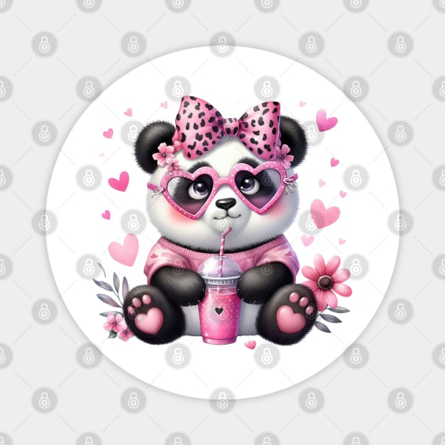 Valentine Panda Bear Drinking Ice Cream Magnet by Chromatic Fusion Studio